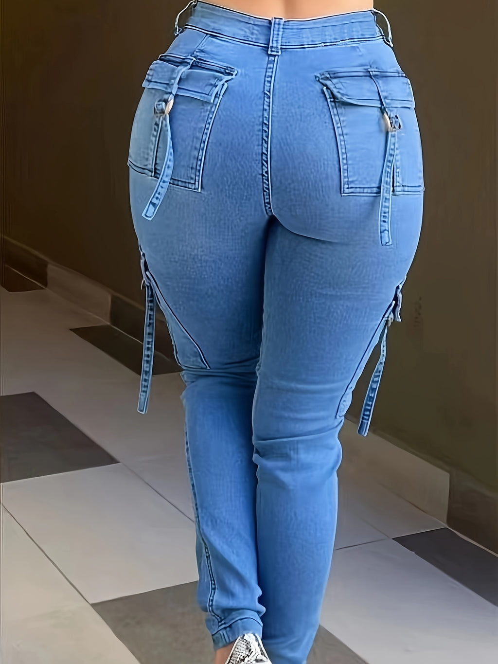 Women'S High-Stretch Skinny Cargo Jeans - Light Blue, Zipper Fly, Half Placket, All-Season Comfort, Casual Street Style, Casual Jeans|Casual Fit Jeans|Zippered Jeans