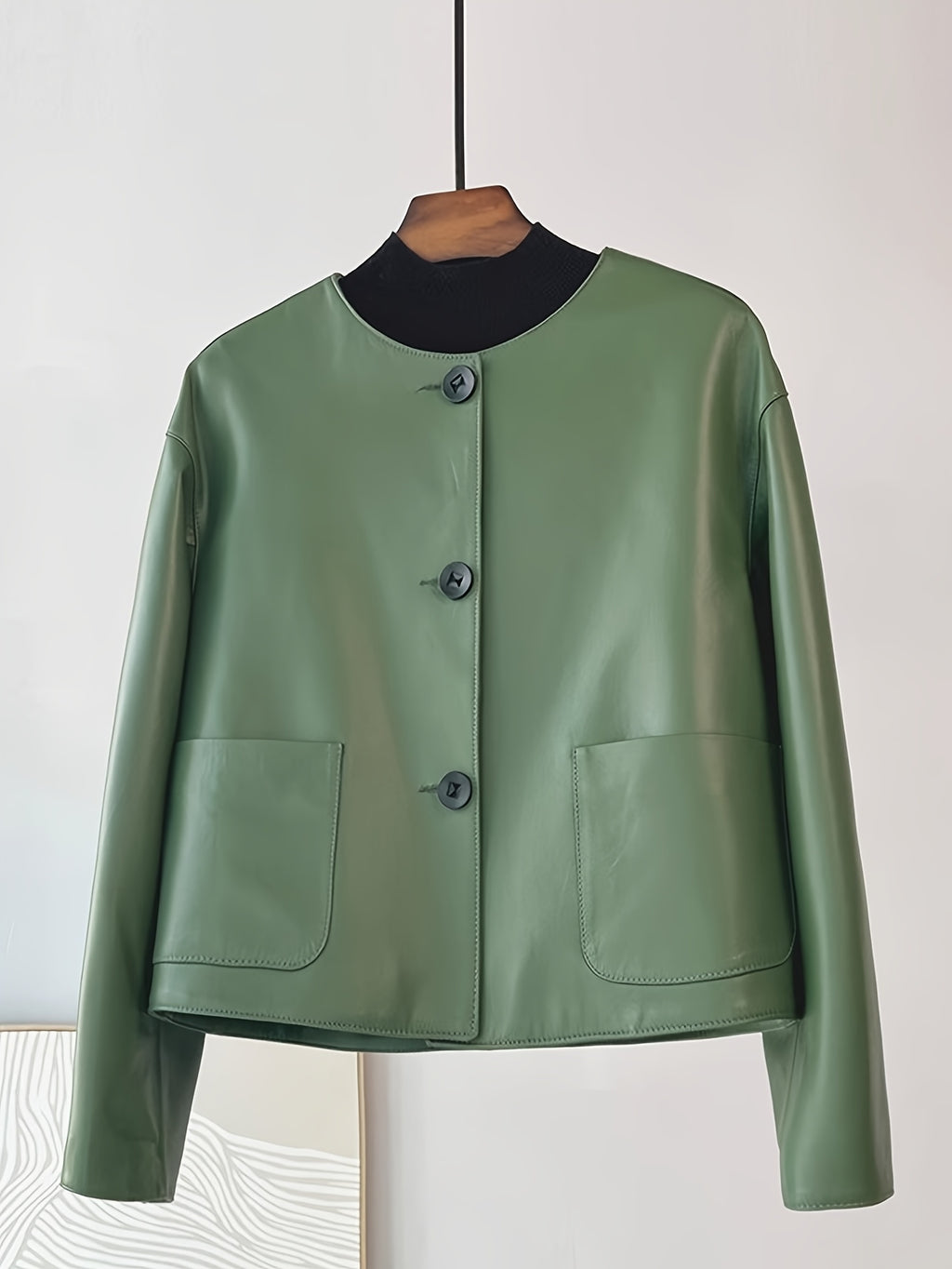 Women's Chic Green PU Leather Jacket - Casual Short Style with Button Front, Long Sleeves, and Side Pockets for Spring\u002FFall