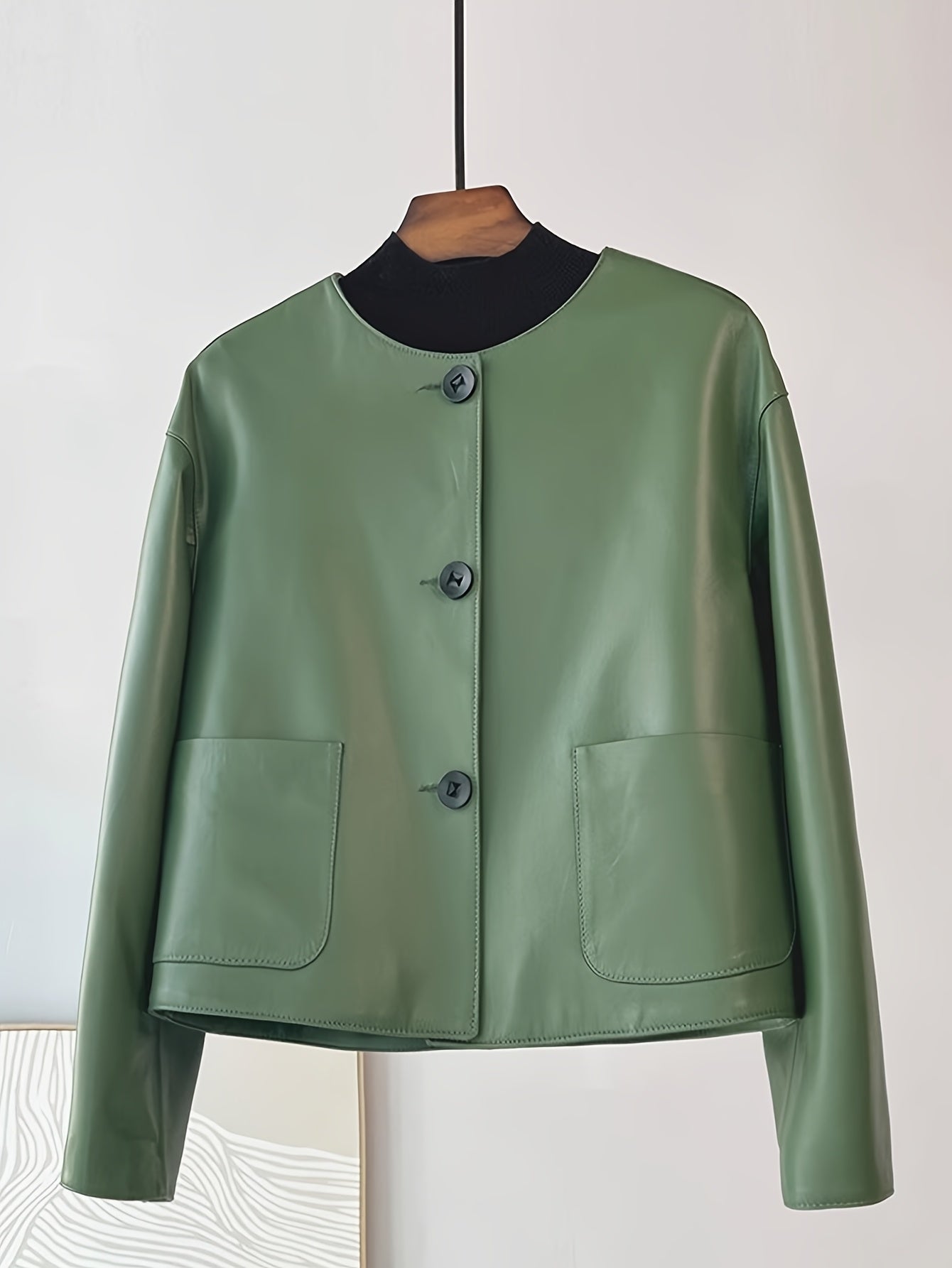 Women's Chic Green PU Leather Jacket - Casual Short Style with Button Front, Long Sleeves, and Side Pockets for Spring\u002FFall