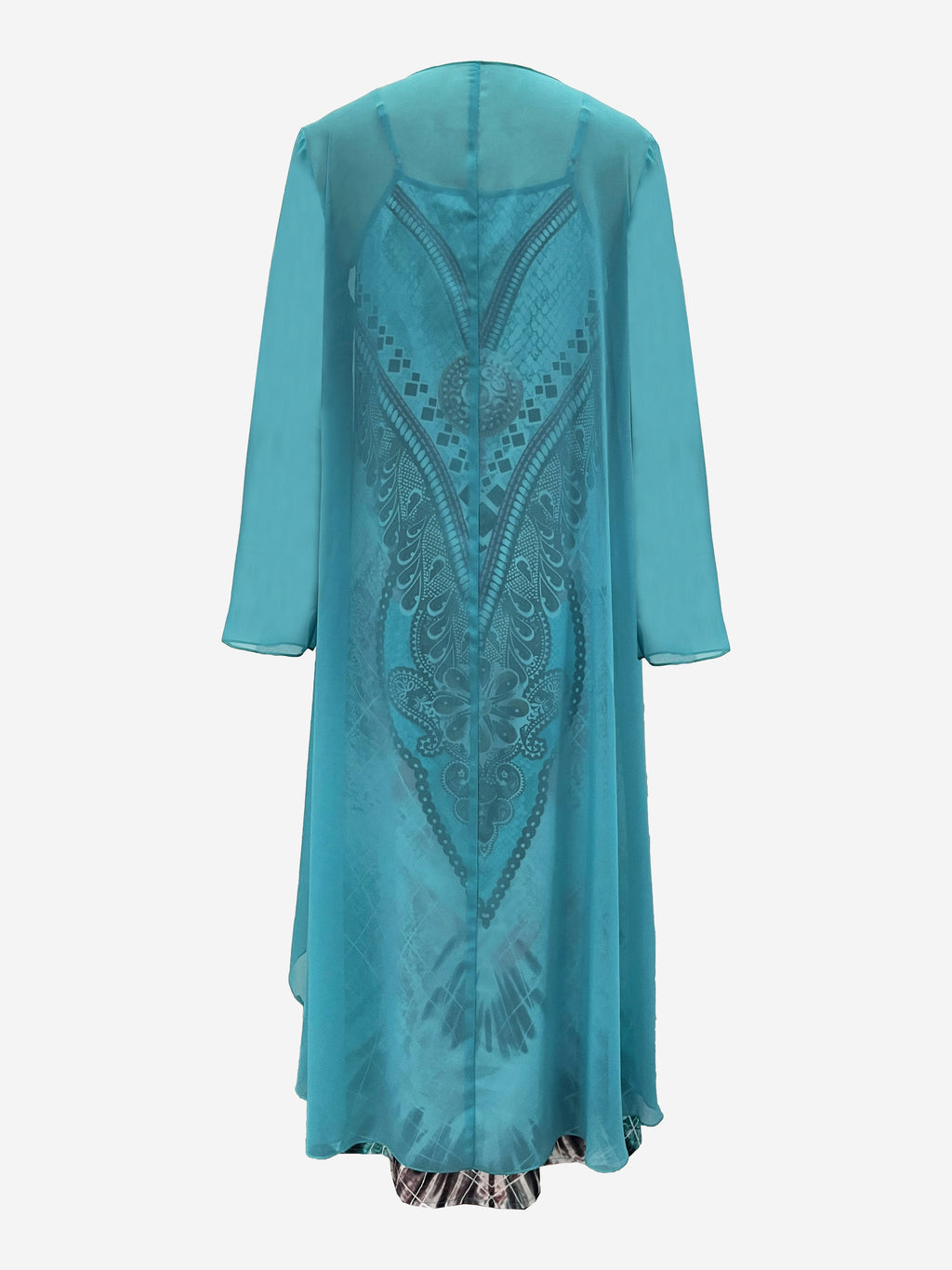 Bohemian Style Long Dress Set for Women - Two-Piece Chiffon Jacket and V-Neck Printed Maxi Dress, Casual Date Outfit with Ethnic Patterns, Vacation Wear