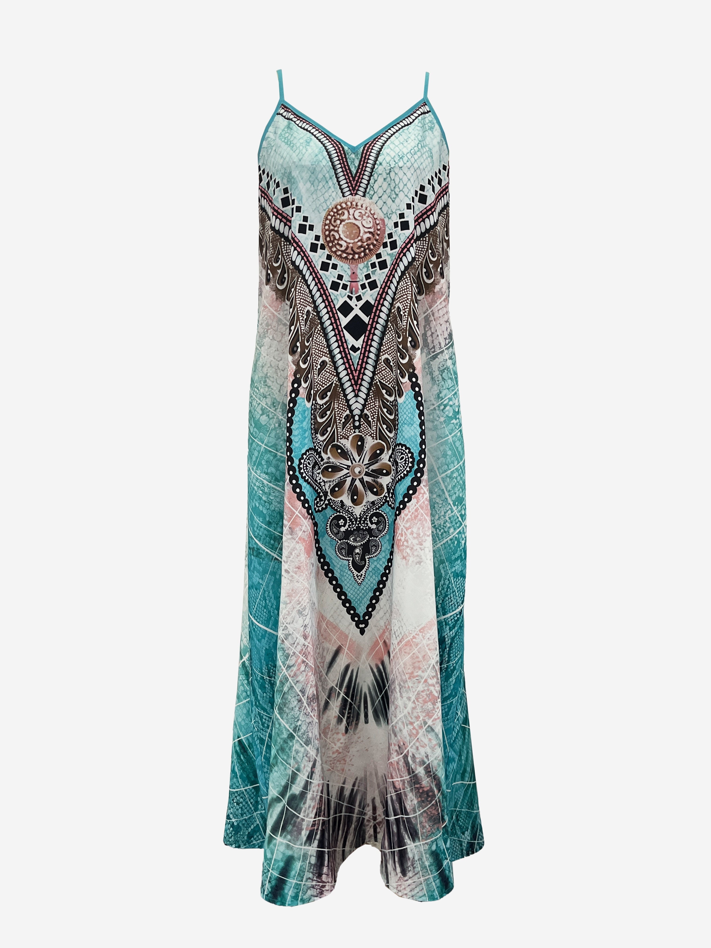 Bohemian Style Long Dress Set for Women - Two-Piece Chiffon Jacket and V-Neck Printed Maxi Dress, Casual Date Outfit with Ethnic Patterns, Vacation Wear