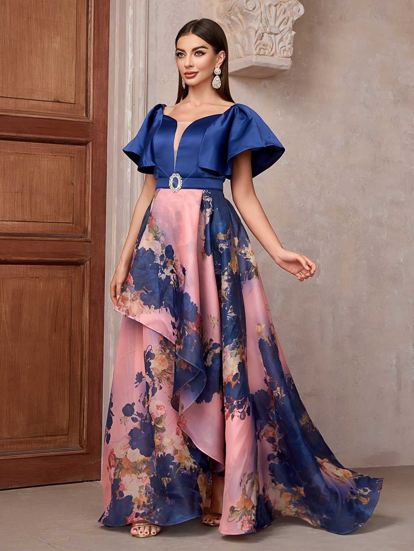 TOLEEN Elegant Floral Print Halter Dress with Belt - Sweetheart Collar, Ruffle Hem, Sleeveless Long Gown for Bridesmaids & Weddings, Polyester, All-Season Wear, Bridesmaid Dress | Ruffle Hem Dress | Polyester Fabri