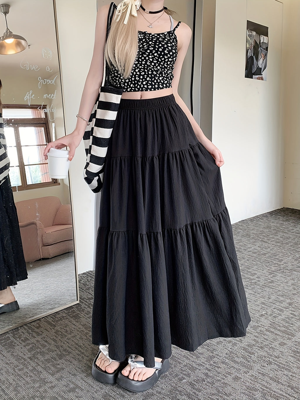 Spring And Autumn Women'S High-Waisted Slimming Versatile White Midi Skirt with Elastic Waist, Mid-Length Black Skirt with Lining, Beach Party Long Skirt.