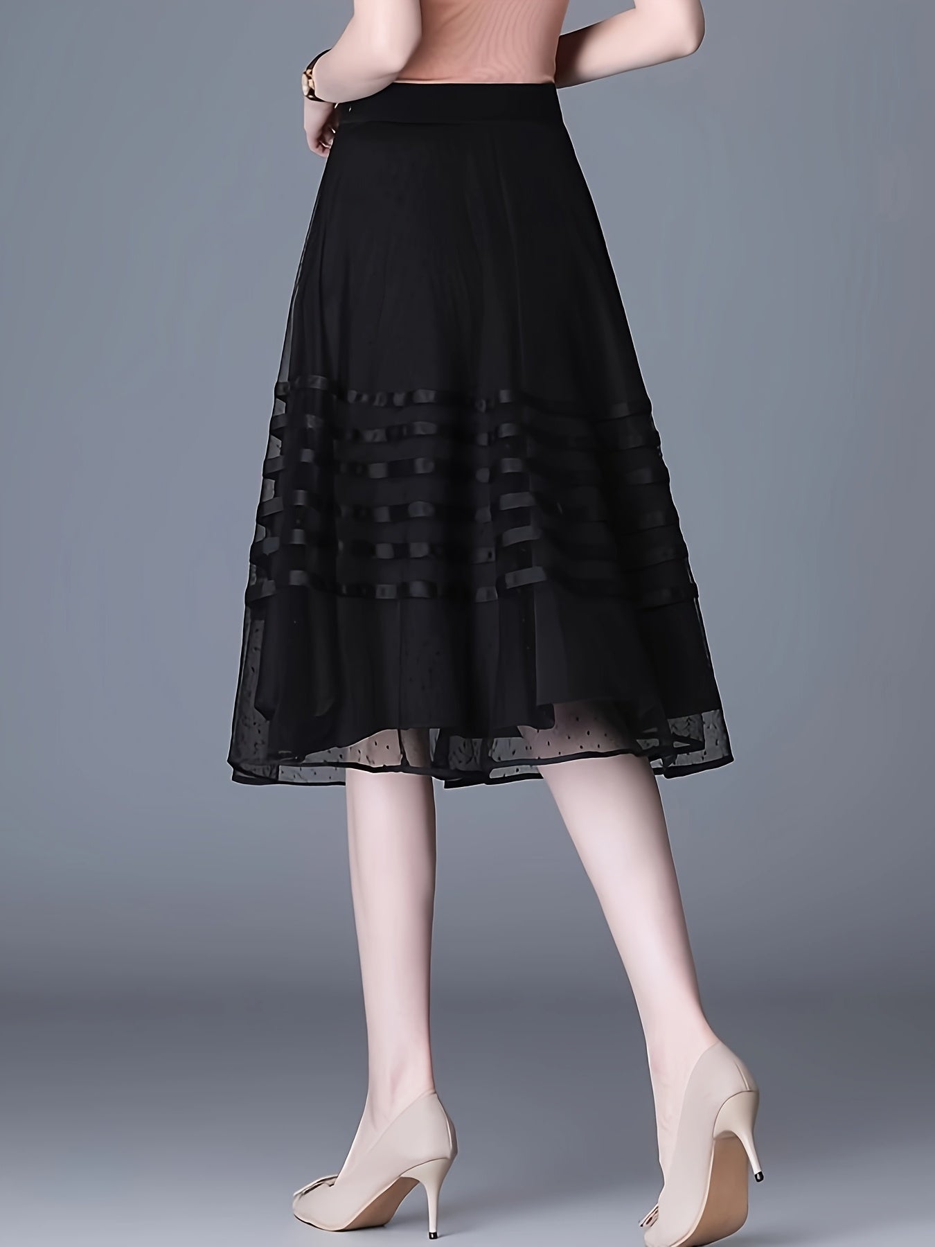 Polyester Striped A-Line Skirt, Mid-Length, Pleated, Contrast Mesh, High-Waisted, Slimming, No Belt, for Women, Summer, Spring, Fall, Vacatio