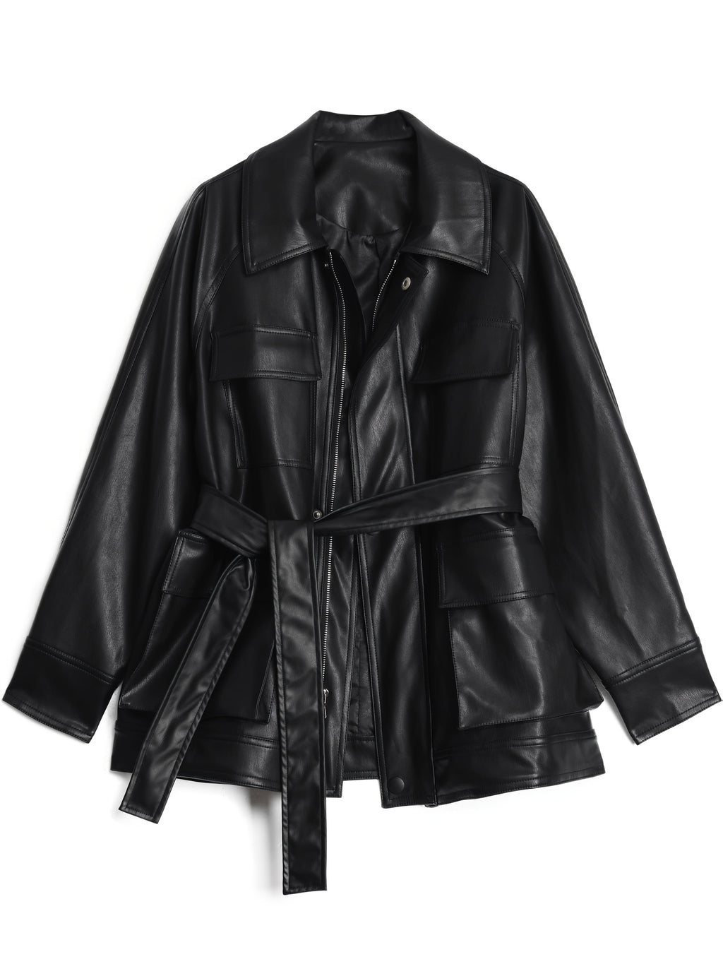 Women's PU Synthetic Leather Jacket - Longline Relaxed Fit Belted Waist Casual Chic Zip-Up Coat for Spring\u002FFall, Black, Cute Jacket, Spring Outerwear, Korean Fashion Style, Structured Sleeve Design