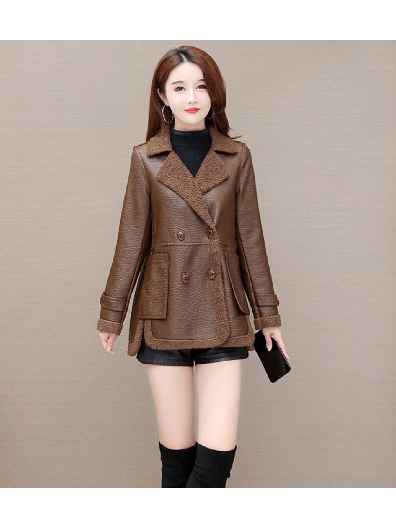 Elegant PU Leather Reversible Jacket for Women - Warm Fleece-Lined, Casual Loose Fit with Pockets, Solid Color, Polyurethane Material, Perfect for Fall\u002FWinter