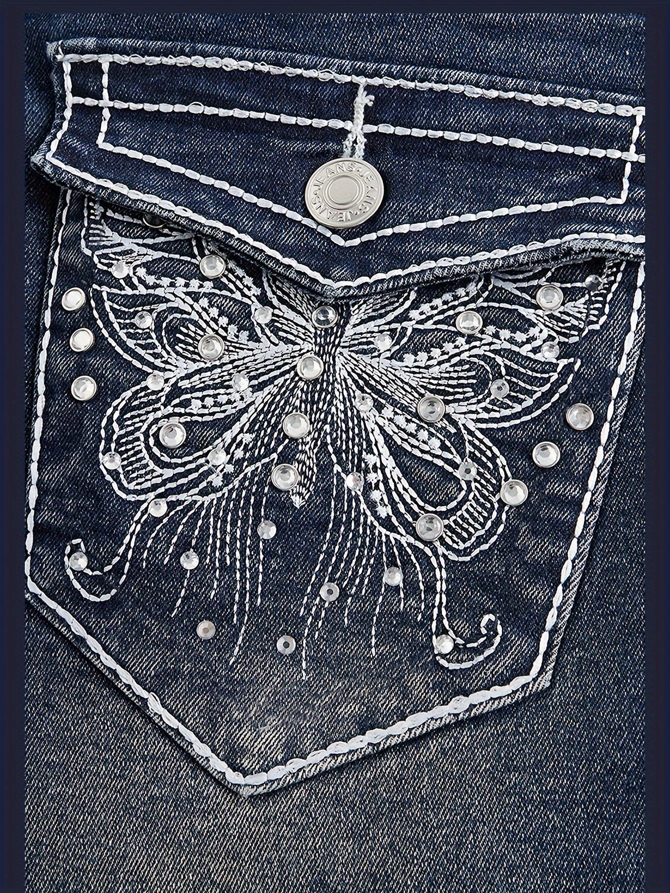 2024 Women's Hand-Embroidered Rhinestone Back Pocket Flared Jeans - Stretch Comfort Washed Denim, Elegant Machine-Washable All-Season Casual Pants, Comfortable Fashion, Fashionforward Design, Detailed Embroidery
