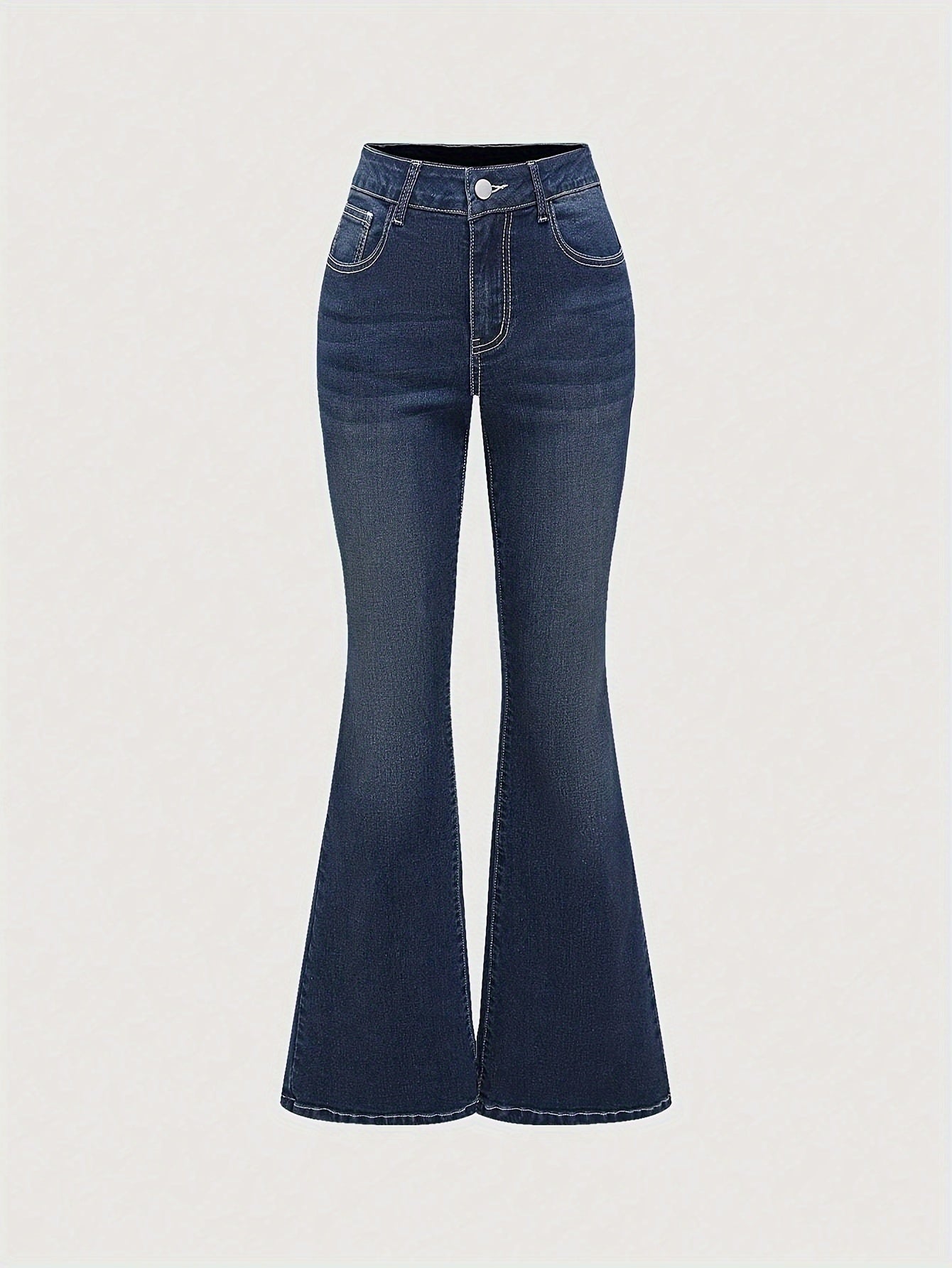 Stretch Comfort Women's Stretch Denim Flare Jeans with Rhinestone Details - Elegant Blue Bell Bottom Pants, Mid-Rise, Blend, Machine Washable, All-Season Comfort Fit