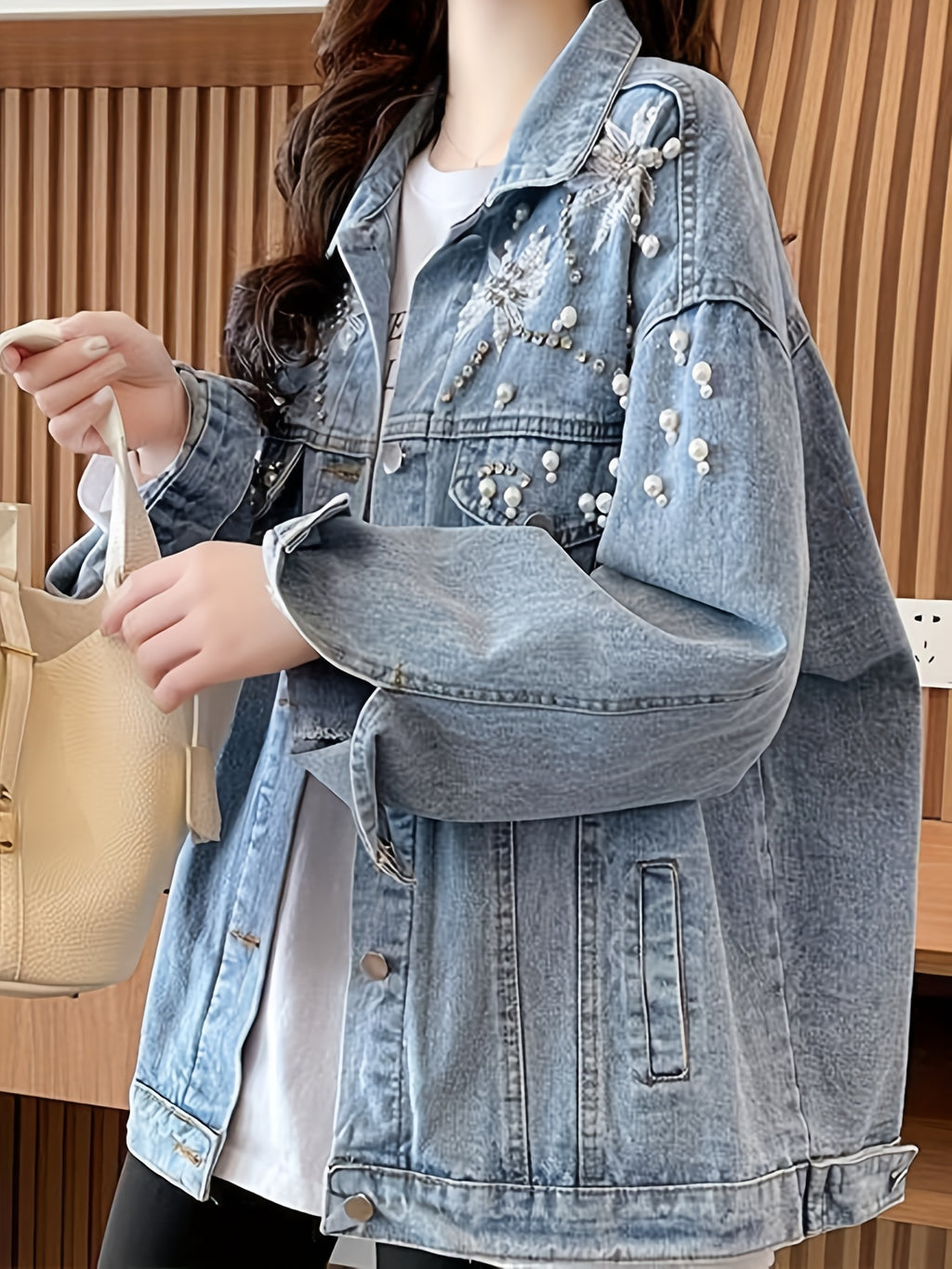 Spring\u002FFall Casual Jacket with Lapel Collar, Color Block Pattern, Long Sleeve, Button Details, Polyester Fabric, 130 g\u002Fm², Woven, Fashionable and Stylish for Going Out