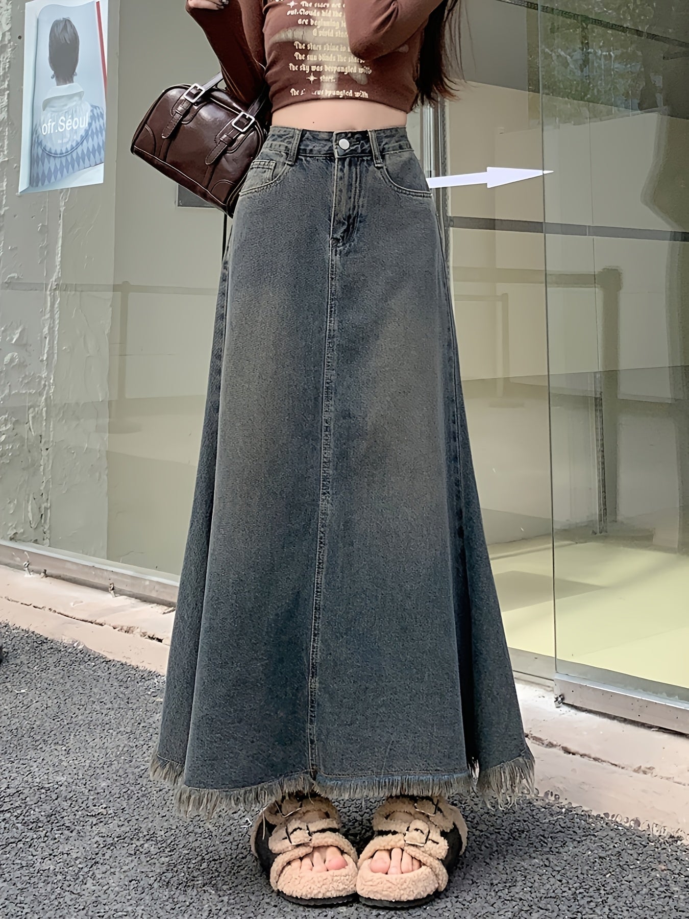 High-Waisted Vintage Denim A-Line Skirt with Frayed Hem, Casual Style, Button Detail, Non-Stretch Fabric, Solid Color, Mermaid Design, Perfect for Spring\u002FSummer\u002FFal