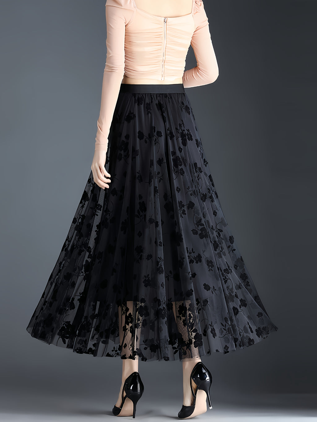 Directional Elegant Floral Printed Mesh Skirt, High-Waisted Casual Long Skirt, Women'S Clothing