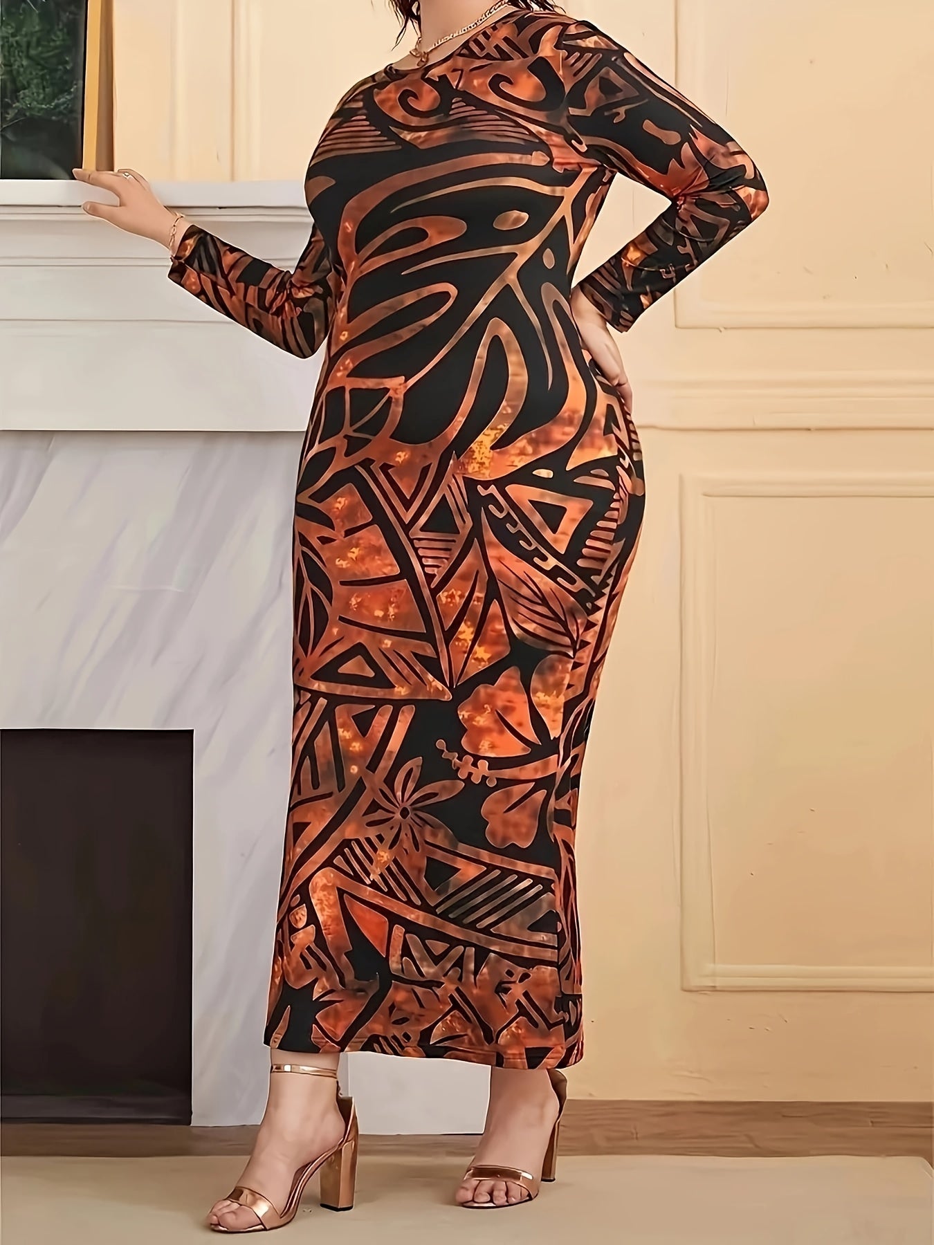 Elegant Plus Size Long Sleeve Maxi Dress for Women - Round Neck, High Stretch, Floral Print, Bodycon Fit, Vacation Style, All-Season Wear, Vibrant Orange & Black Floral Design, Long Sleeve Dres