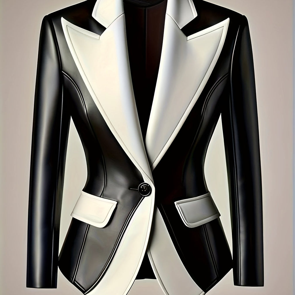 PUPU Women's Elegant Black & White Contrast PU Leather Jacket - Machine Washable Notch Lapel Biker Jacket with Fake Pockets, All-Season Versatile Outerwear, Stylish Layering, Modern Fashion, Polished Look, Trendconscious Buyers