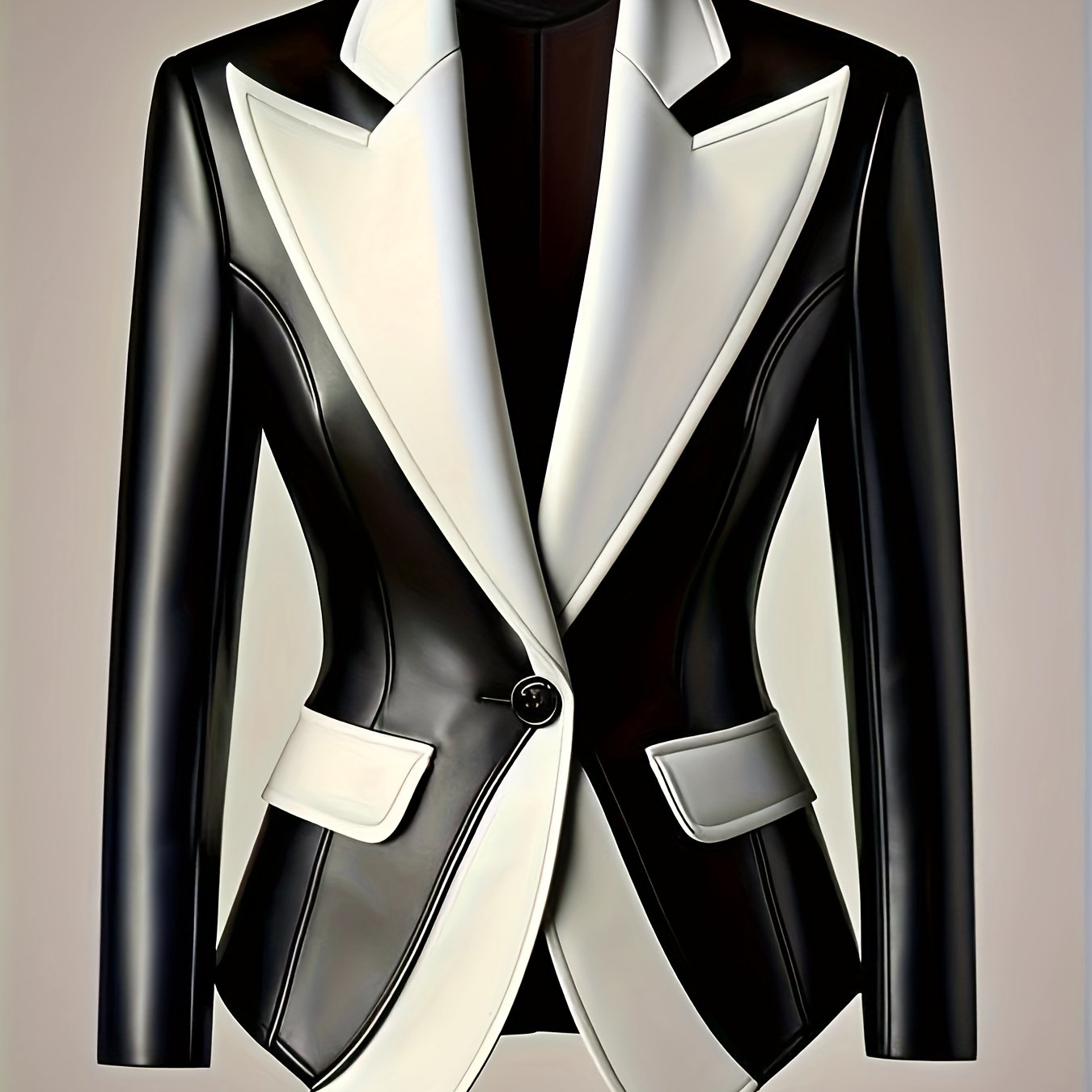 PUPU Women's Elegant Black & White Contrast PU Leather Jacket - Machine Washable Notch Lapel Biker Jacket with Fake Pockets, All-Season Versatile Outerwear, Stylish Layering, Modern Fashion, Polished Look, Trendconscious Buyers