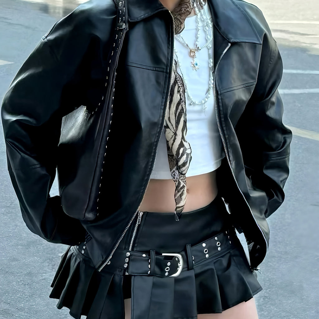 Women's Black Avant-Garde Biker Casual Lapel Baggy Long-Sleeved PU Leather Jacket, Spring & Fall, Zipper Closure, Lightweight & Durable, Perfect for Casual Outings