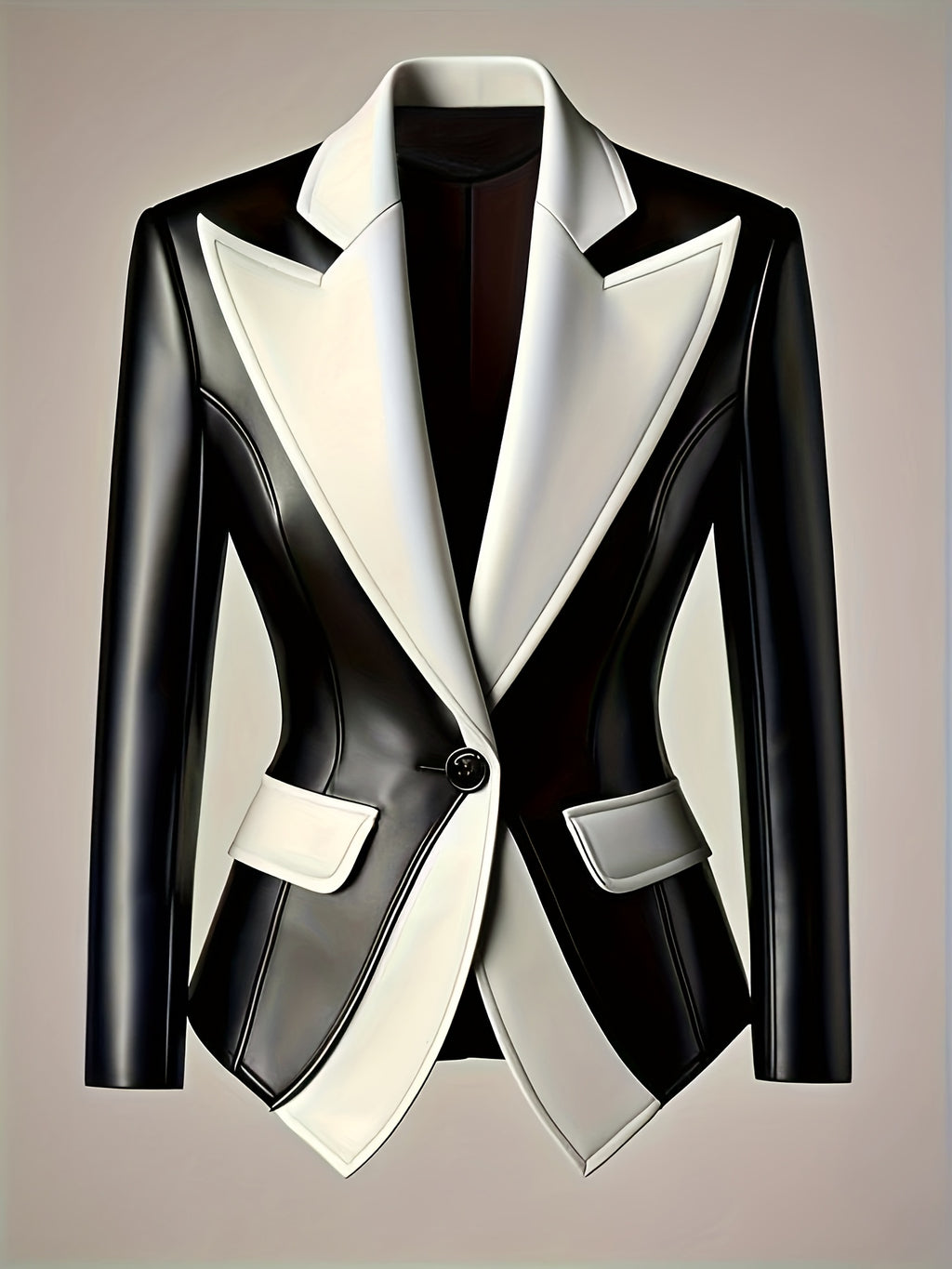 PUPU Women's Elegant Black & White Contrast PU Leather Jacket - Machine Washable Notch Lapel Biker Jacket with Fake Pockets, All-Season Versatile Outerwear, Stylish Layering, Modern Fashion, Polished Look, Trendconscious Buyers