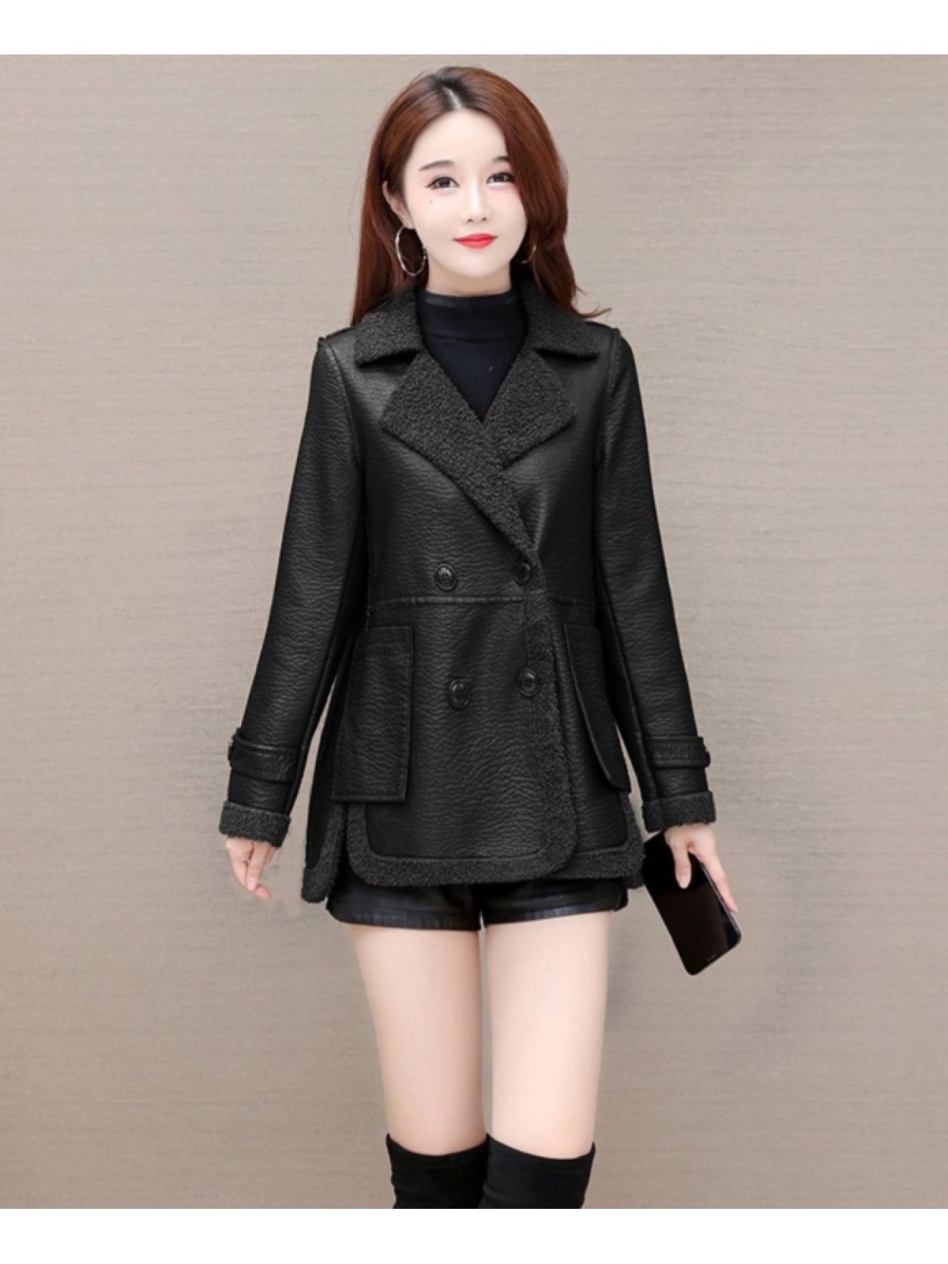 Elegant PU Leather Reversible Jacket for Women - Warm Fleece-Lined, Casual Loose Fit with Pockets, Solid Color, Polyurethane Material, Perfect for Fall\u002FWinter