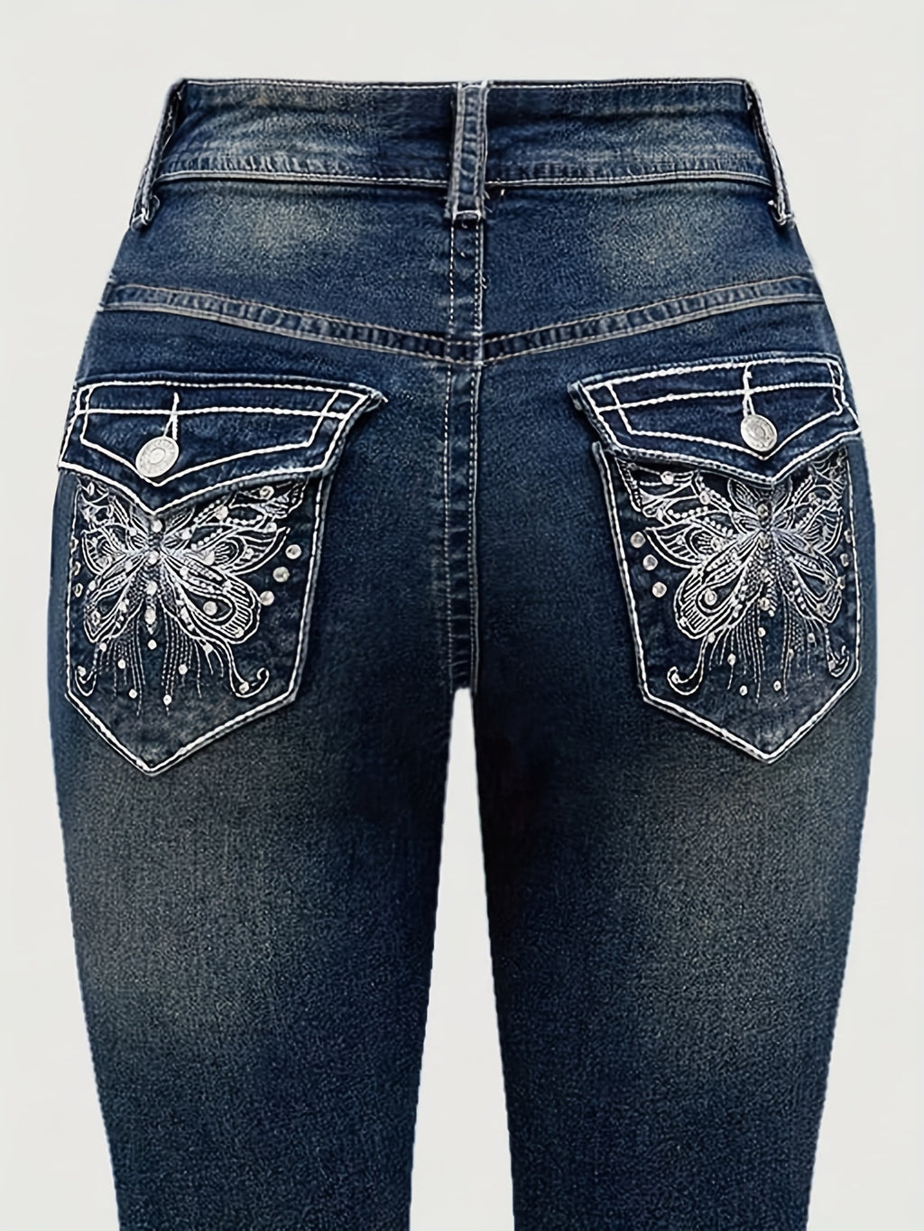 2024 Women's Hand-Embroidered Rhinestone Back Pocket Flared Jeans - Stretch Comfort Washed Denim, Elegant Machine-Washable All-Season Casual Pants, Comfortable Fashion, Fashionforward Design, Detailed Embroidery