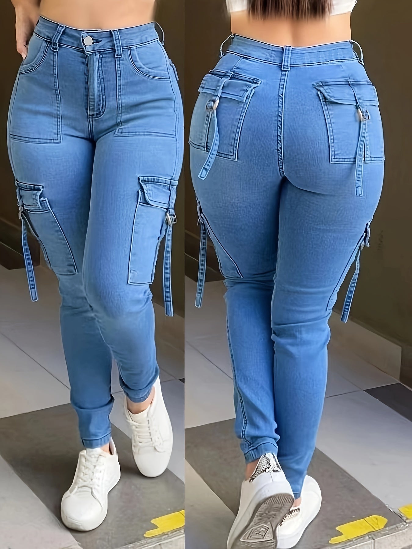 Women'S High-Stretch Skinny Cargo Jeans - Light Blue, Zipper Fly, Half Placket, All-Season Comfort, Casual Street Style, Casual Jeans|Casual Fit Jeans|Zippered Jeans