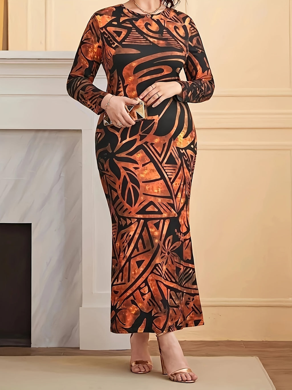Elegant Plus Size Long Sleeve Maxi Dress for Women - Round Neck, High Stretch, Floral Print, Bodycon Fit, Vacation Style, All-Season Wear, Vibrant Orange & Black Floral Design, Long Sleeve Dres