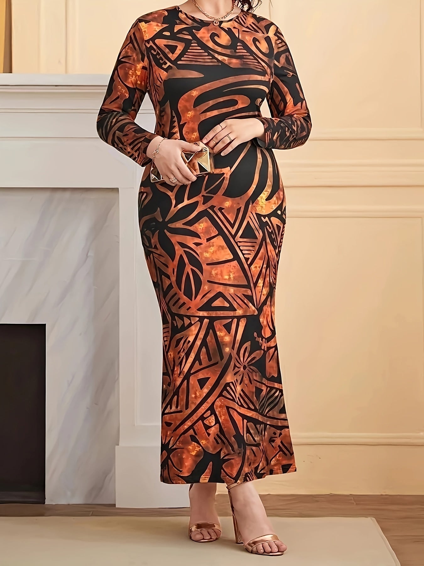 Elegant Plus Size Long Sleeve Maxi Dress for Women - Round Neck, High Stretch, Floral Print, Bodycon Fit, Vacation Style, All-Season Wear, Vibrant Orange & Black Floral Design, Long Sleeve Dres