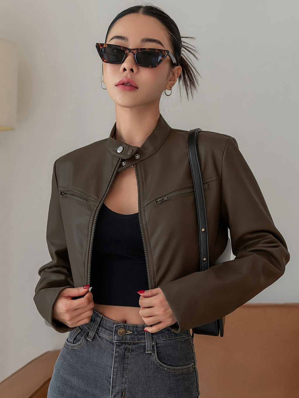 Women's Casual Bomber Jacket - Solid Color Zip-Up with Golden-Tone Buttons, All-Season Versatile Outerwear for Everyday & Special Occasions