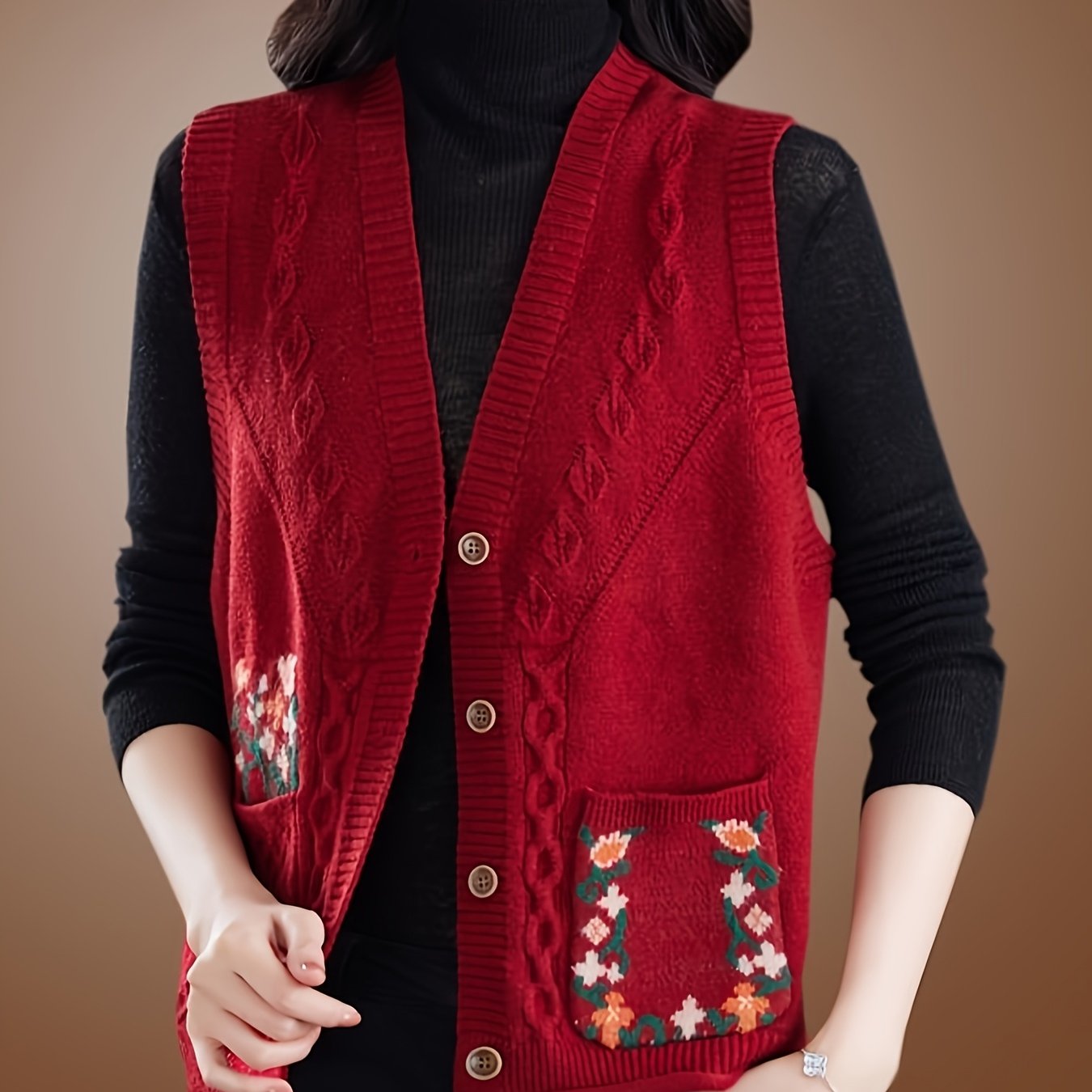 Better Tomorrow Women's Elegant Vintage Floral Sleeveless Vest - V-Neck Double Pocket Layering Piece, Relaxed H-Silhouette for Spring\u002FFall Casual Outfits, Ladies Vests, Spring Fall Apparel, Durable Knitwear