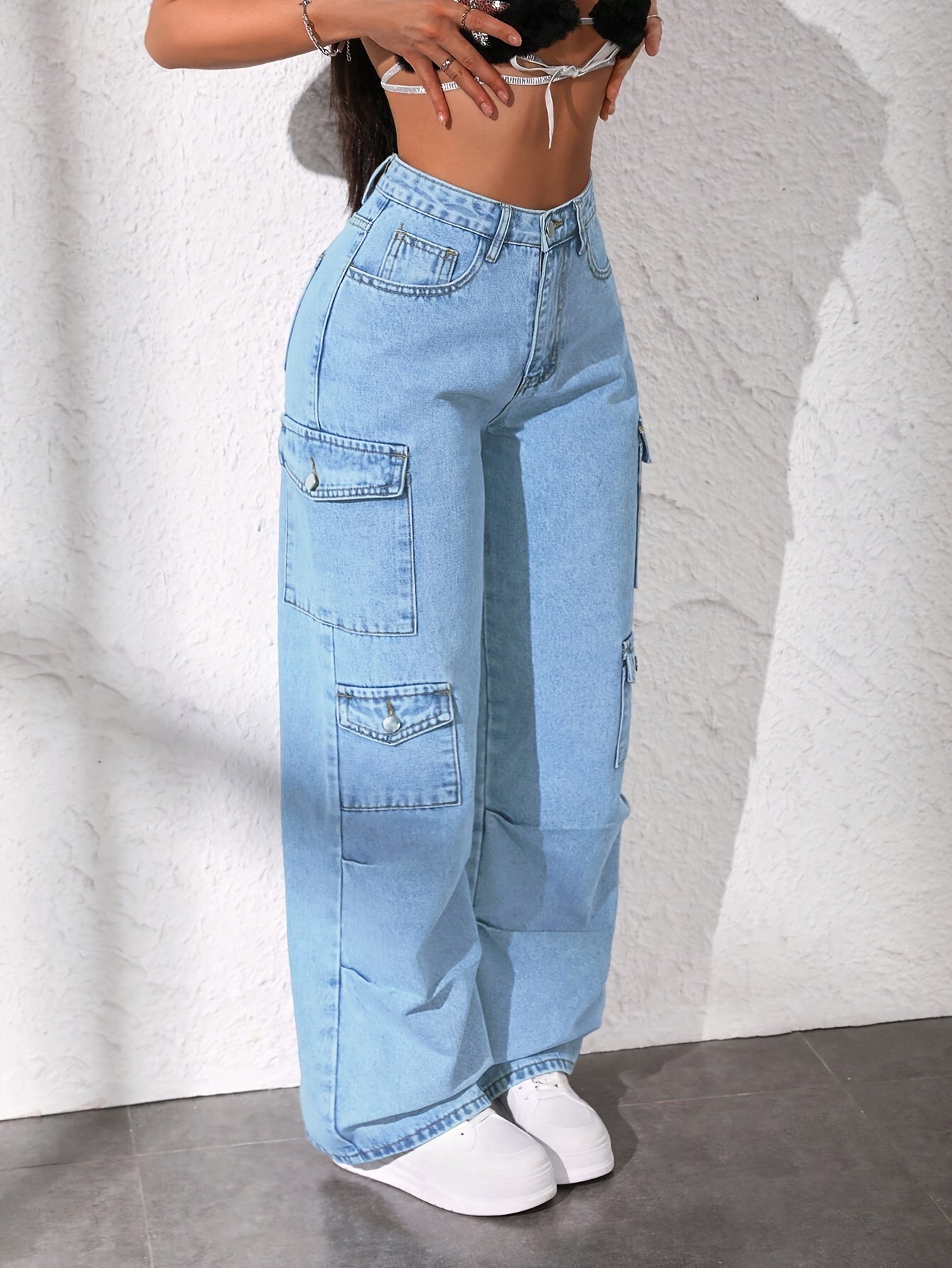 1pc Women's High-Waisted Cargo Jeans, Light Blue Washed Loose Fit, Mid-Stretch Wide-Leg Denim Pants with Multiple Pockets, Casual Style, No Belt, Solid Color, All Seasons
