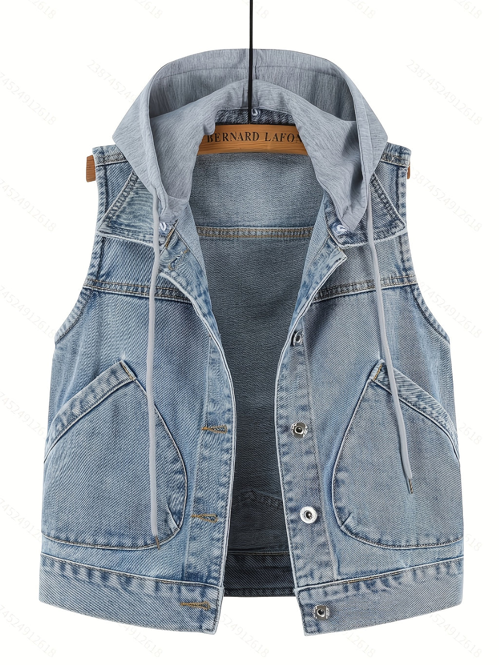 A Loose-Fitting Spring And Autumn Jacket in a Trendy Korean Style, Featuring Versatile Square Slant Pockets, Sleeveless Design, Short Length, And Single-Breasted Closure. The Hood Is Detachable, Making It a Stylish Hoodie Jacket.