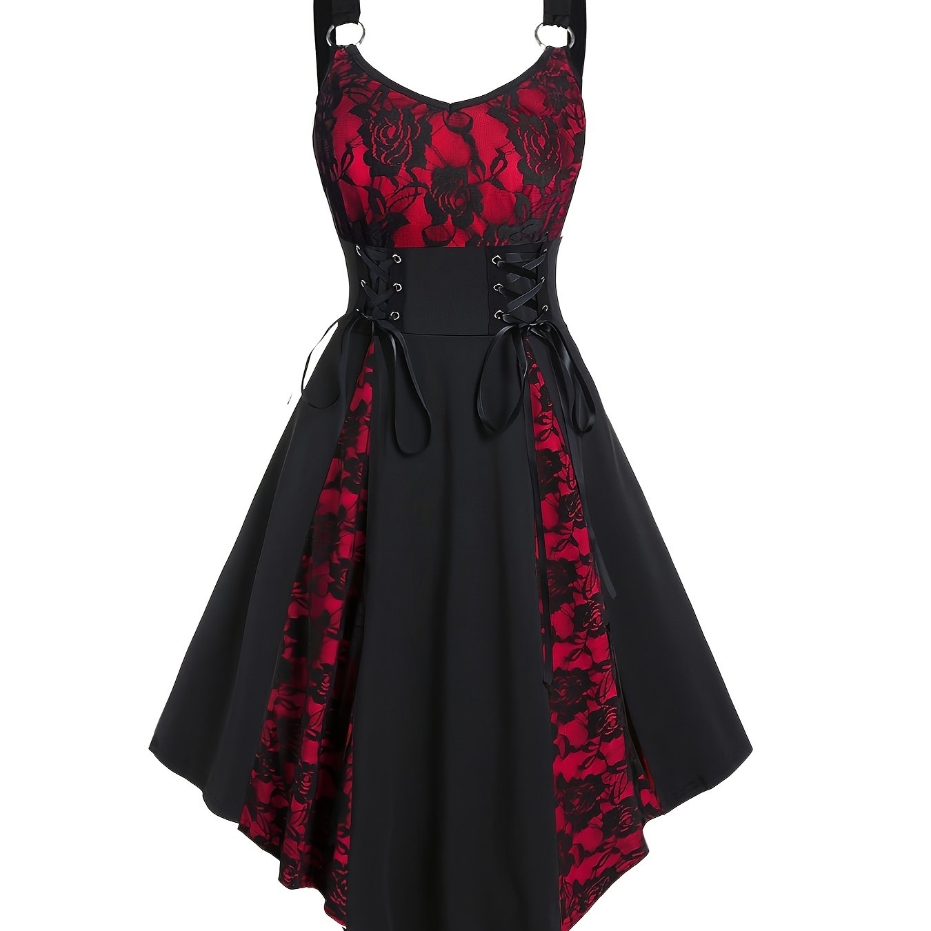 1pc Vintage V-Neck Lace-Up A-Line Dress for Women, Sleeveless Floral Lace Contrast, Heart-Shaped V-Line, Lace Detail, Polyester & Spandex, Elegant Party Dress for All Seasons