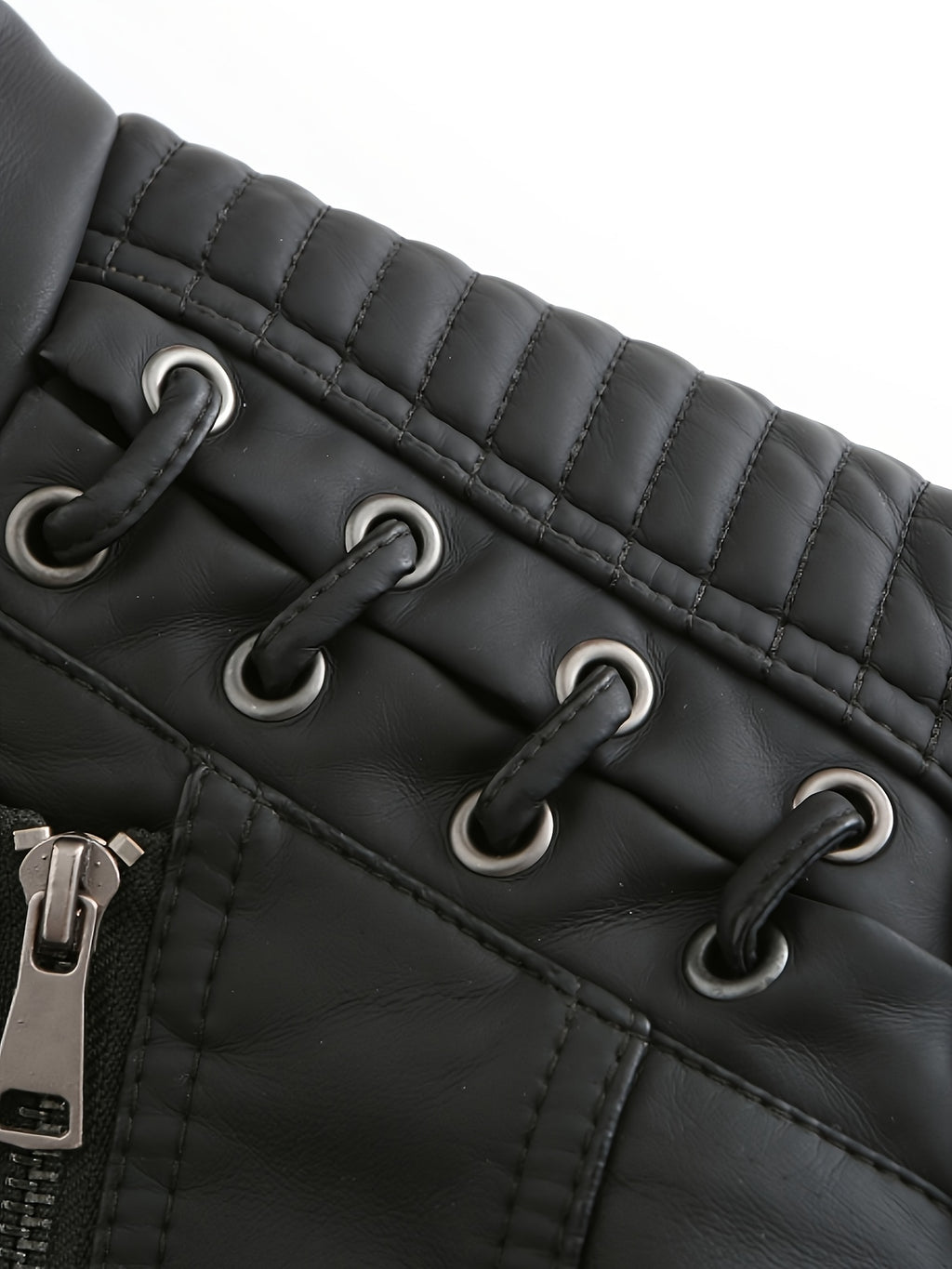 Short Silvery Zippered Motorcycle Jacket Black PU Moto Coat - Stand-Up Collar with Metal Buckles, Slim Fit Short Length, Shoulder Stitched Texture, Zippered Pockets