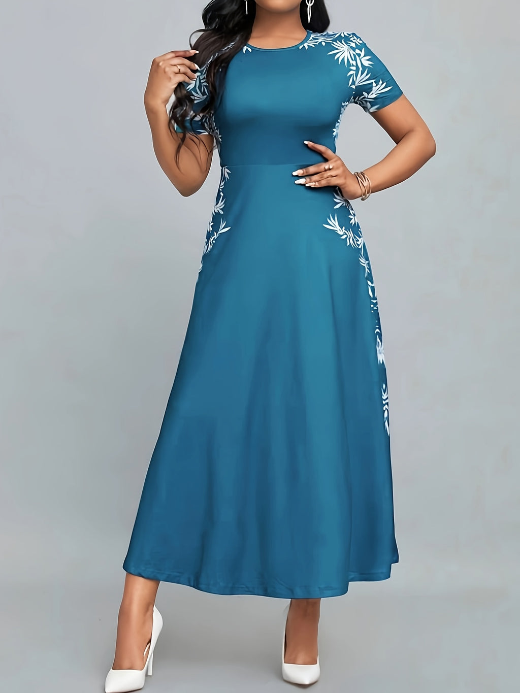 Elegant Printed Polyester Crew Neck Fitted Dress for Adult - Spring\u002FSummer\u002FFall Collection