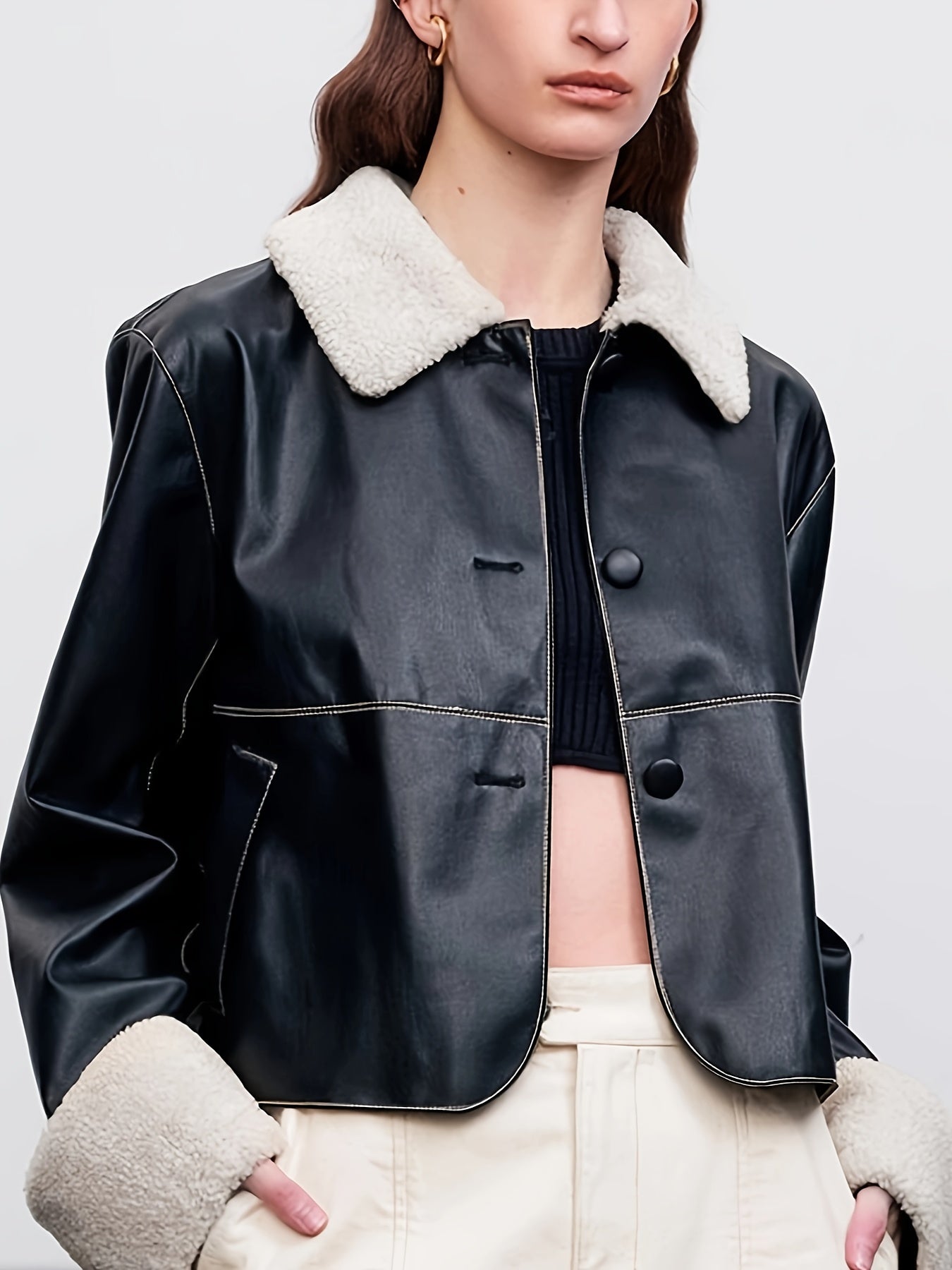 Elegant Faux Leather Jacket for Women - Short Sleeve Solid Color Polyester Lined Faux Fur Collar with Single Button Closure and Pockets - Autumn\u002FWinter Fashion