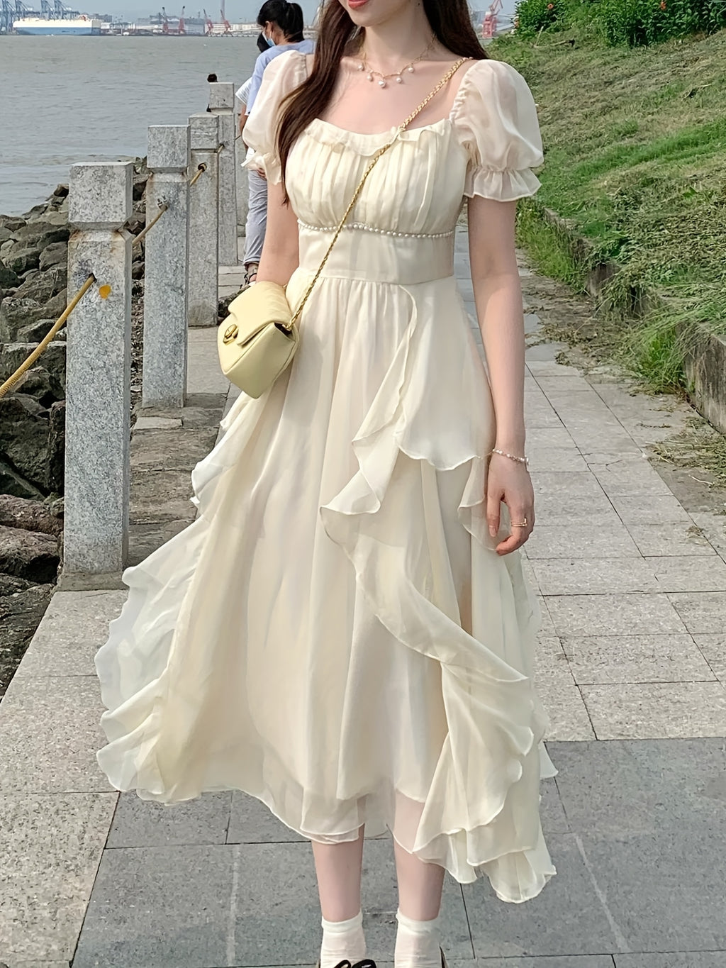 Elegant French-Inspired Midi Dress with Ruffled Sleeves and Square Neckline - Beaded Cinched Waist, Flowing A-Line Silhouette, Perfect for Spring\u002FSummer, Cute Dres