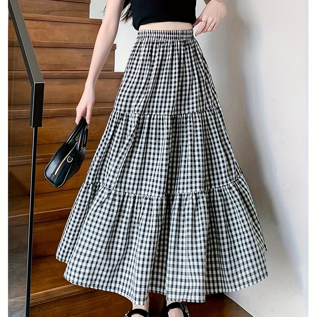 Women's High-Waist Black and White Gingham Pleated Skirt - Slimming A-Line Cut, Casual Summer Style, Lightweight and Breathable Fabric, Perfect for Staircase Outfits or Casual Attire