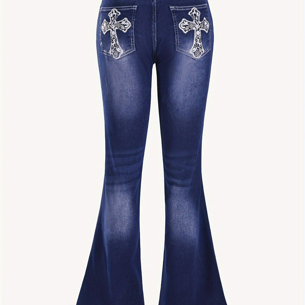 Cross Embroidery Whiskering Washed Blue Retro Style Zipper Button Closure Denim Pants, Women's Denim Jeans & Clothing
