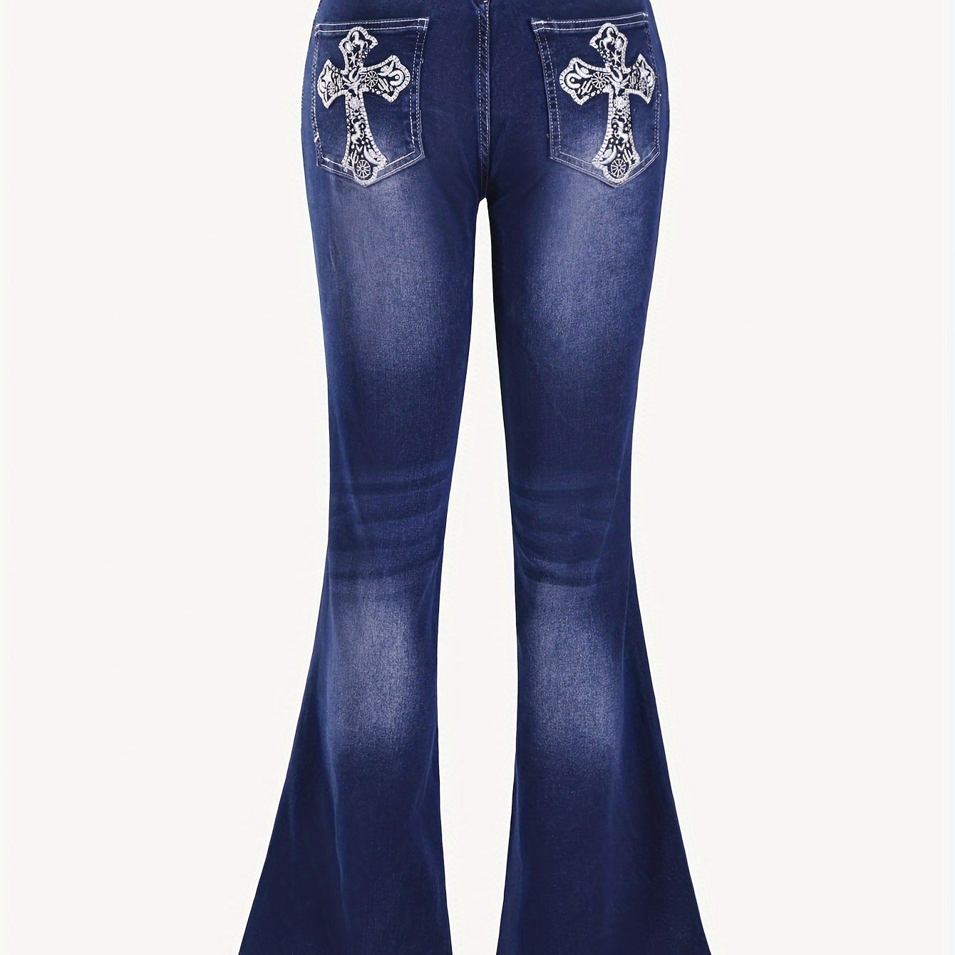 Cross Embroidery Whiskering Washed Blue Retro Style Zipper Button Closure Denim Pants, Women's Denim Jeans & Clothing