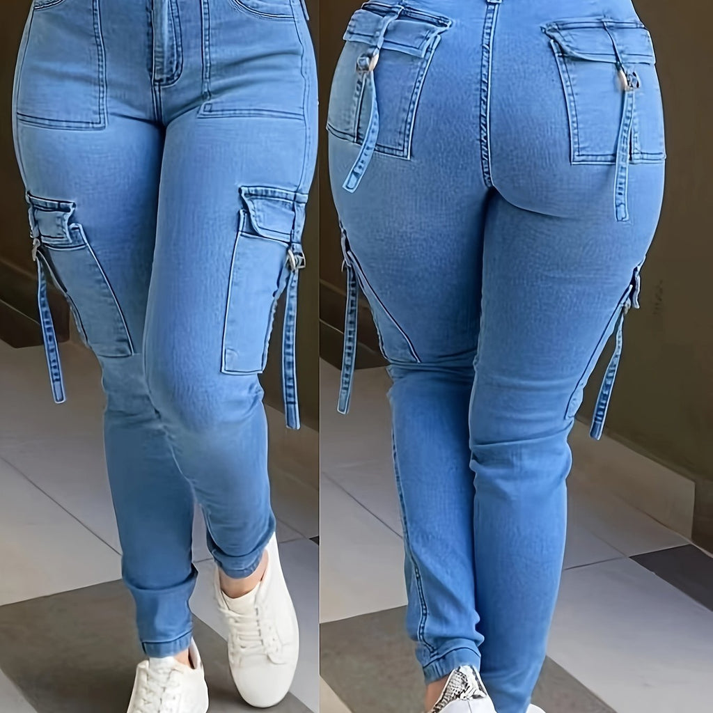 Women'S High-Stretch Skinny Cargo Jeans - Light Blue, Zipper Fly, Half Placket, All-Season Comfort, Casual Street Style, Casual Jeans|Casual Fit Jeans|Zippered Jeans