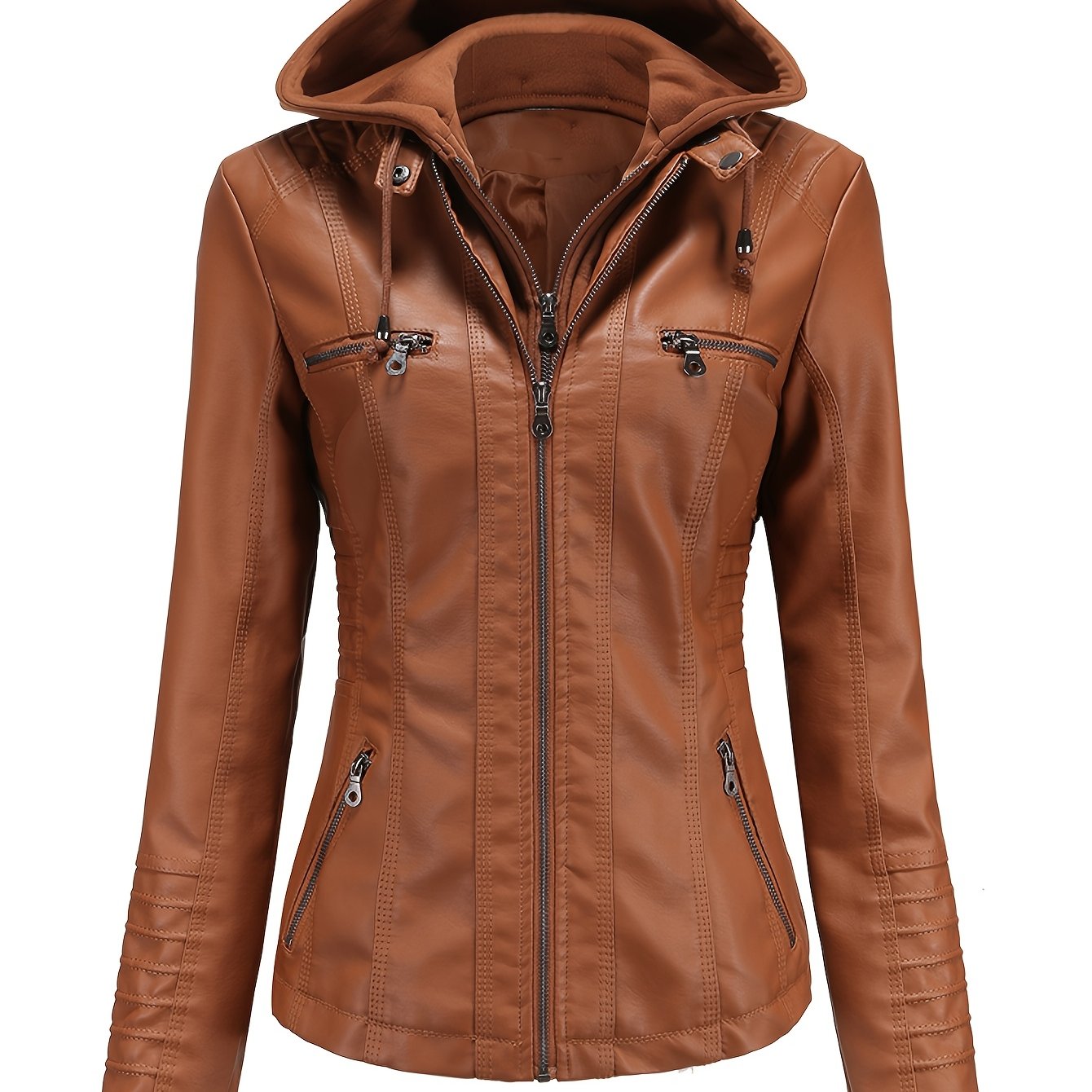 Women'S Elegant Black Hooded Jacket with Detachable Shoulder Straps - Perfect for Spring and Fall, Casual Style, Zipper Closure, Faux Leather Outerwear, Casual Jacket| Detachable Shoulder Straps|Zipper Closure Jacke