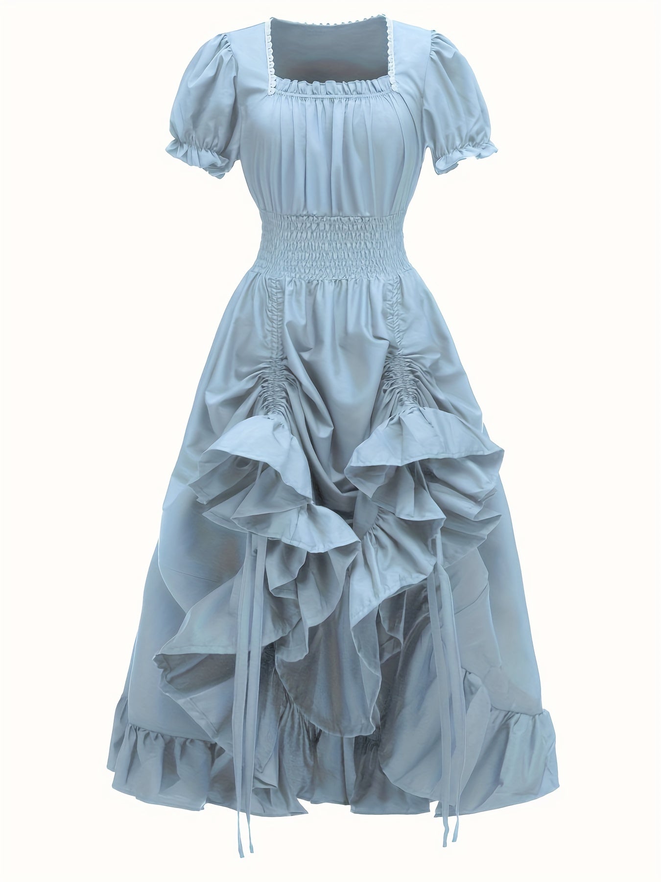 Renaissance Victorian Vintage Square Neck Short Sleeve Dress - Light Blue A-Line Umbrella Skirt with Ruffled Layers, Elegant Cosplay Costume for Halloween, Themed Parties & Special Occasions, Halloween Costumes, Sophisticated Tailoring